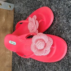 OKA Bee Red "Gingham Flower" Embellished Sandals - Size Large